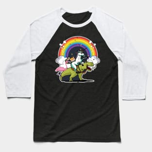 Unicorn Riding T Rex With A Cat, Flamingo, Rainbow Baseball T-Shirt